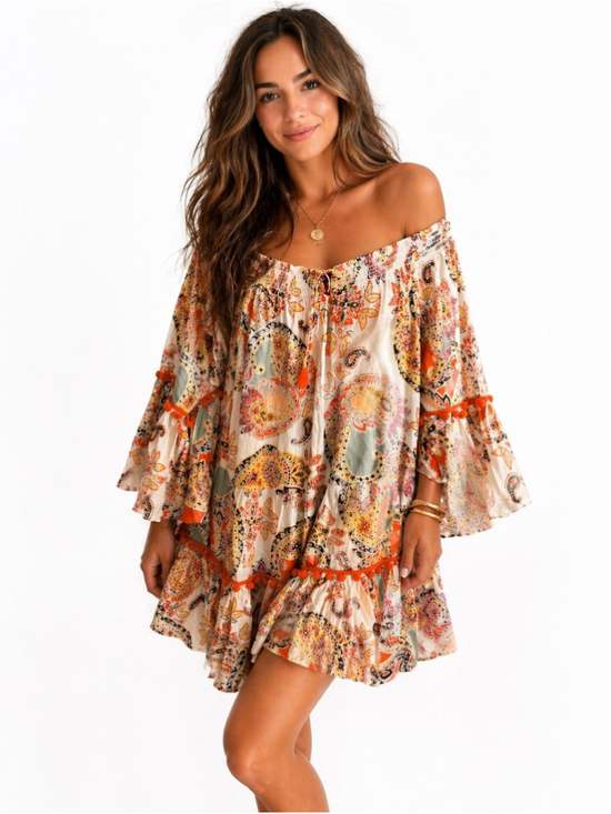 True Destinations Dresses & Skirts - True Destinations Mini Dress Boho Paisley Floral Print Peasant Coverup